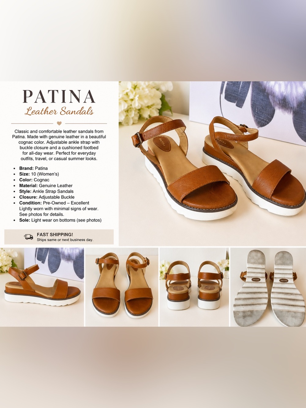 Patina Cognac Leather Ankle-Strap Sandals for Women